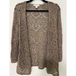 Coldwater Creek Taupe Open Knit Crochet Cardigan Sweater Casual Versatile Size M